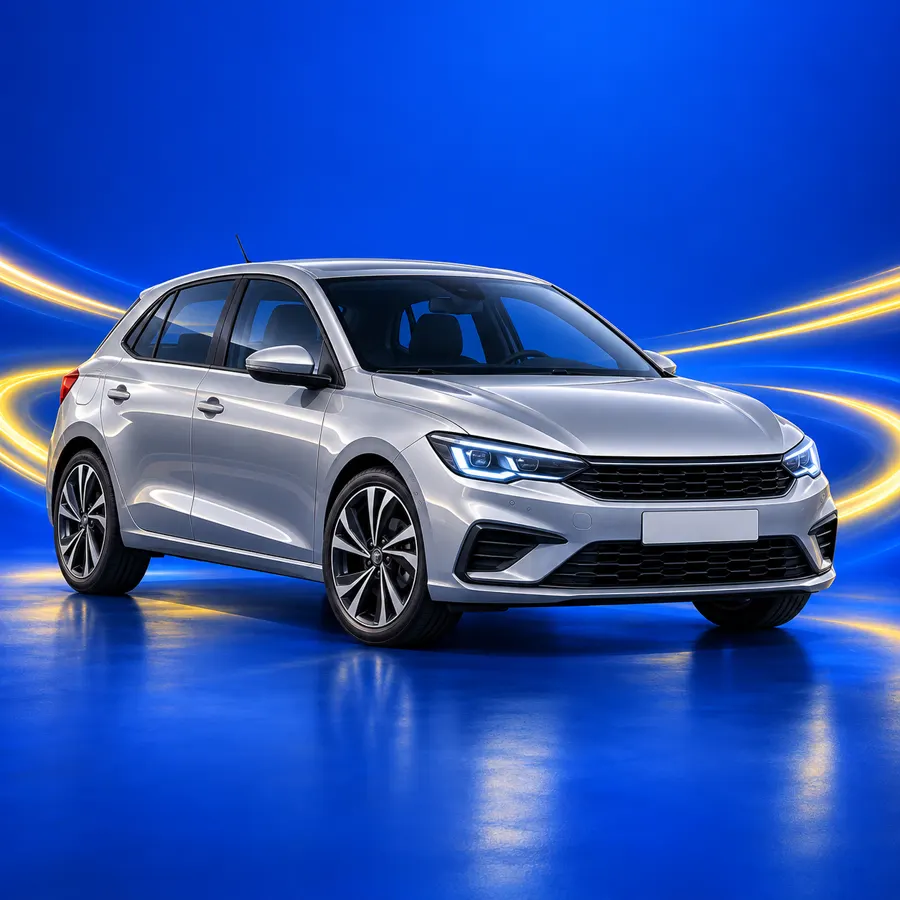 Hatchback prateado em fundo azul com trilhas de energia